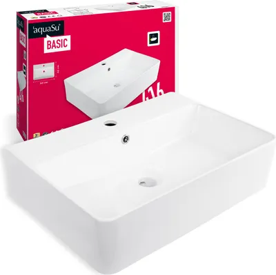 Produktbild von 'aquaSu® Basic Waschtisch 416 | Waschbecken mit Überlauf und Hahnloch | 60 x 42 cm | Als Hänge-Waschtisch oder Aufsatzwaschbecken | Sanitärkeramik in weiß | 56241 6