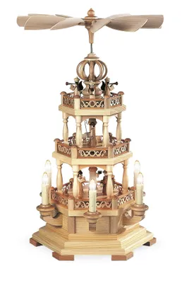 Produktbild von Tischpyramide Tischpyramide Heilige Gesch. mit Engel 2-stöckig natur elektr. beleuchtet und angetrieben (120V 50Hz) (LxBxH):29x24x50cm NEU
