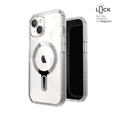 Obrázok produktu pre Speck Presidio Perfect-Clear Grip ClickLock & MagSafe - puzdro pre iPhone 15 / iPhone 14 / iPhone 13 (číre / s chrómovým povrchom / strieborné)