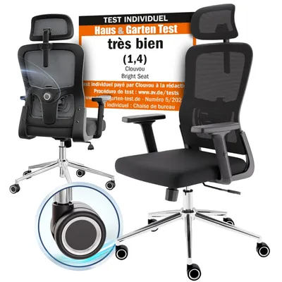 Image de Chaise de bureau CLOUVOU BrightSeat Chaise de bureau ergonomique Réglable en hauteur, accoudoirs 2D, appui-tête 2D, charge maximale 150 kg [N° 1 dans la catégorie « petite et légère »]