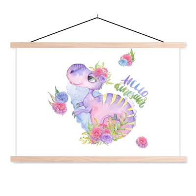 Obrázok produktu pre MuchoWow® Textilný plagát - Dinosaurus - Škôlka - Akvarel - Dievčatá - Deti - Ružová - 60x40cm - S hnedými lamelami