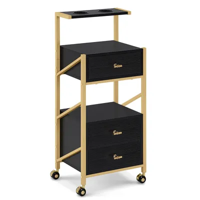Produktbild von M MCombo Rollwagen Servierwagen mit Rollen & 3 Schubladen, Schwarz-Gold, Trolley mit 2 Ablagen & 2 Hälter, 0048GBK