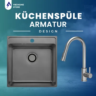 Produktbild von VBChome Edelstahlspüle mit Armatur 49x48x21 cm Graphit Leinenstruktur Einbauspüle mit Hahnloch Spüle Groß Becken Siphon Armatur ausziehbarem Auslauf