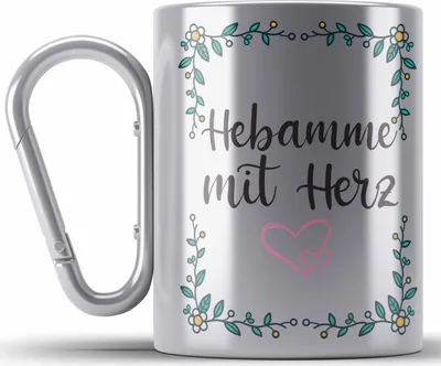Produktbild von Trendation - Hebamme mit Herz Edelstahl Tasse Karabiner mit Spruch Geschenk (Silber)