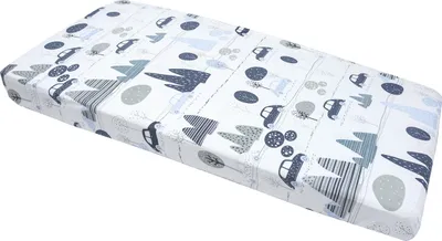A fitted crib sheet with a pattern of retro cars and trees.