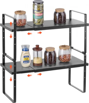 Obrázek produktu pro VEVOR Nastavitelný stojan na kořenky, vertikální dvoupatrový kuchyňský stojan s velkou kapacitou pro kuchyň, koupelnu, kancelář, pracovní desku, úložná skříň, černý