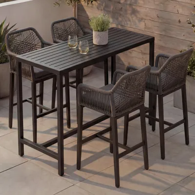 Produktbild von Set Bartisch + 4x Barhocker HWC-P91, Barstuhl Stehtisch, Outdoor Sitzpolster Seilgeflecht Metall anthrazit