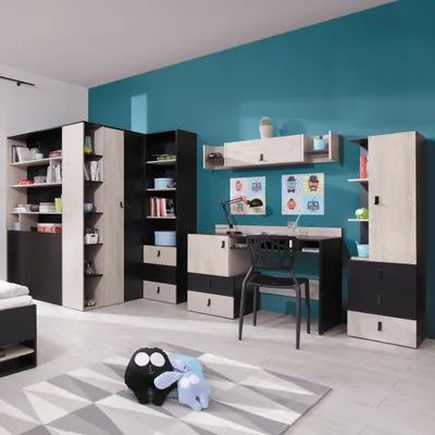 Produktbild von Jugendzimmer Set 5-teilig PITTSBURGH-133 mit begehbarem Kleiderschrank in schwarz mit Eiche und beige