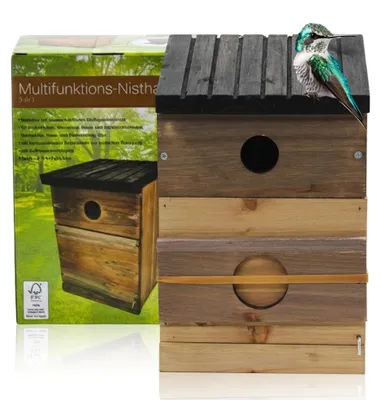 Productafbeelding van Vogelhuis van Muntel, weerbestendig en gemaakt van duurzaam hout, voederhuis voor vogels om op te hangen, rustiek design voor balkon en tuin (standaard)