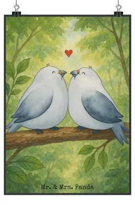 Produktbild von Mr. & Mrs. Panda Bild Turteltauben Liebe Design DIN A3 - Weiß - Geschenk, Tauben, Jahrestag, drucke, Freundin, kunstdruck poster, glücklich, wanddeko, Wandbild, Plakat