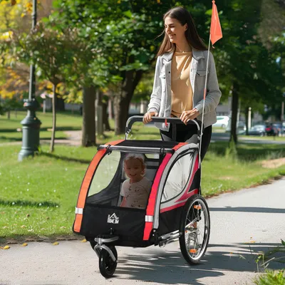 Produktbild von Kinderfahrradanhänger 2-in-1 mit Joggerfunktion, Fahrradanhänger Jogger Stahlrahmen, Rot-Schwarz | 142 x 75 x 101 cm | 15,2 kg | 20-Zoll-Luftreifen