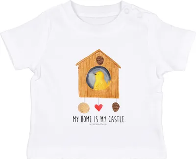 Produktbild von Mr. & Mrs. Panda Babyshirt Vogel Haus 6. - 12. Monat - Weiß - Geschenk, Vogelhaus,  T-Shirt, Baumwolle Baby Shirt, Zuhause, Familie, Wohnung, Oberteil, Kurzarmshirt