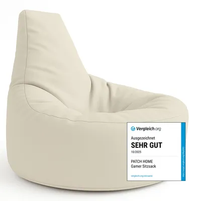 A cream-colored beanbag chair is shown against a white background, with a review badge on the lower right.