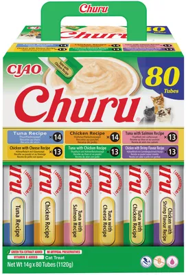 Produktbild von Inaba Cat Churu 80x14g (1120g) Cremige Katzenleckerli-Pasta-Mischung mit Thunfisch und Hühnchen
