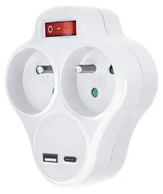 Produktbild von Solight Steckdosenleiste mit USB-A+C-Ladegerät, 2 x 10 A, weiß, Ein-/Ausschalter P99USBC