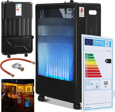 Produktbild von Faziango Infrarot Gasheizung 3800 Watt inkl. Schlauch & Druckminderer, für Butan-/Propangasflaschen bis 15kg, Schwarz, 42x36x73 cm, für Innenräume