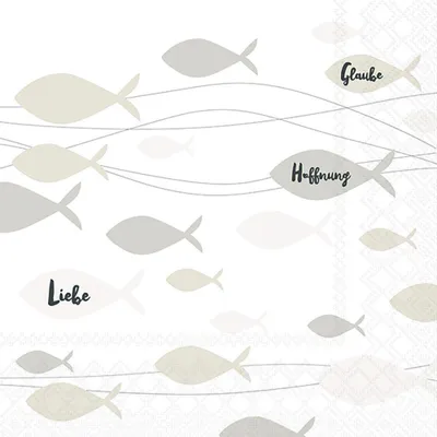 Produktbild von 20 Servietten Communion Fishes cream - Fische mit Liebe, Glaube und Hoffnung creme 33x33cm