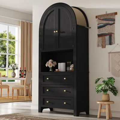 Image de Armoire haute avec étagères, tiroirs et portes, de couleur noire, dimensions : 70 x 35 x 180 cm