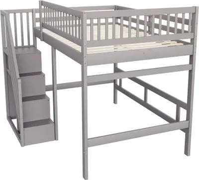 Produktbild von Massivholzbett ohne Matratze 140x200cm Treppe Stauschrank Hohes Gelaender Kinderbett Jugendbett Massivholzbettgestell Grau Multifunktionsbett