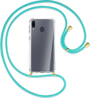 Produktbild von Handykette Backcover-Schutzhülle mit Band (Metall goldfarben) für Samsung Galaxy M20 - türkis