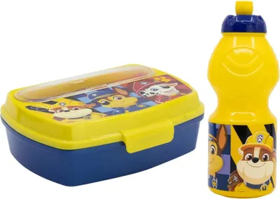 Produktbild von Paw Patrol Chase Rubble 4 tlg Kinder Set Brotdose Besteck Trinkflasche 400 ml