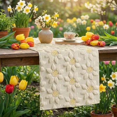 Zdjęcie produktu dla Miękki, pluszowy obrus na stół z motywem słoneczników, 33 x 230 cm