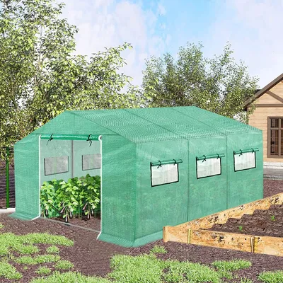 Productafbeelding van YARDIN Kas, folietunnelkas 4.5x2x2 meter, geschikt voor tomaten. Winterbestendig, met gaasfolie en afstandhouders, stalen fundering, schuin dak, grondankers. Vorstbescherming voor tuinplanten. Groen