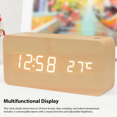 Image de Réveil numérique en bois avec écran LED multifonctionnel : heure, date et température, idéal pour la maison, le bureau et les voyages