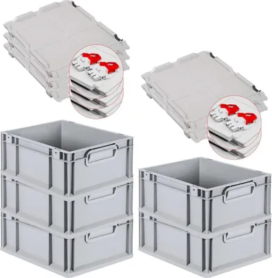 Produktbild von SuperSparSet 5x Eurobox NextGen Economy mit Scharnierdeckel und roten Schiebeschnappverschlüssen | Griffe geschlossen | HxBxT 17x30x40cm | 16 Liter | Eurobehälter, Transportbox, Transportbehälter, Stapelbehälter