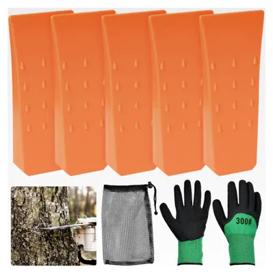 Produktbild von 5 Stück Fällkeil Set aus Kunststoff, mit 1 Paar Handschuhen und 1 Netztasche, 6 Zoll Kettensägen-Fällkeile aus ABS Kunststoff, wiederverwendbar, schlagfest, Fällheber, orange
