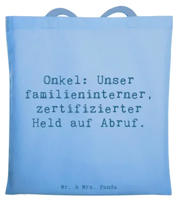 Produktbild von Mr. & Mrs. Panda Tote Bag Spruch Onkel-Held - Sky Blue - Geschenk, Ersatzvater, Held, Jutebeutel, Verwandte, Shopping Tasche, dokumententasche, totebag, Patenonkel