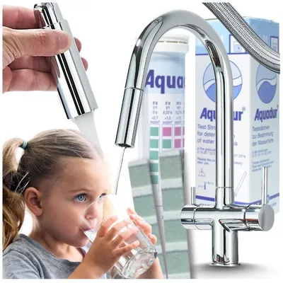 Produktbild von Ari Flexible 3-Wege Küchenarmatur Chrom Mit Flexibler Ausziehbrause, Filterwasser-Auslauf, 360° Drehbar, Messing, 2 Hebel