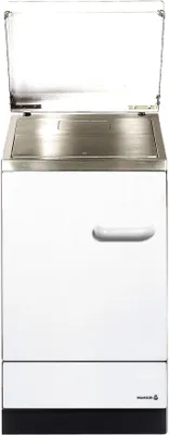 A front view of a white and silver kitchen stove with the lid open.