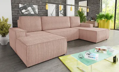 Produktbild von Wohnlandschaft mit Schlaffunktion Totti - U-Form Couch, Schlafsofa mit Bettkasten, Couchgranitur mit Bettfunktion, Big Sofa, Cord Stoff, Wohnzimmer (Rosa (Poso 052))