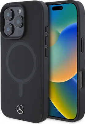 Produktbild von Mercedes-Benz Handyhülle für iPhone 16 Pro, MagSafe, aus Echtleder und TPU, Schwarz, glatt, PLAIN Design, sehr leicht, Designed in Frankreich