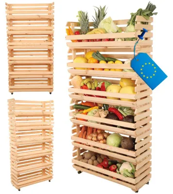 Produktbild von MODO24 Gemüseregal Holz, 6 Holzkisten, Kartoffelsteige, Obstregal, Rollenregal, Stapelbar, Vorratsregal, Massivholz Kiefer, 157x77x30 cm, Natur, RAWA