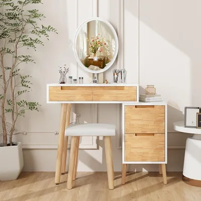 Image de Coiffeuse avec éclairage LED, 4 tiroirs, miroir & tabouret - Chêne