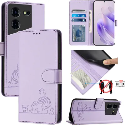 Produktbild von Leder Hülle für Tecno Pova 5 Süße Katze Flip Case Brieftasche Schutzhülle mit Standfunktion Lila