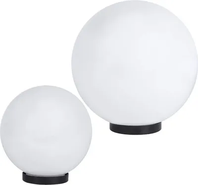 Two white spherical lamps with black bases on a white background.