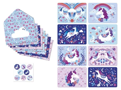 Produktbild von Janod - Einladungskarten-Set 8 Einhorn-Karten - 8 Umschläge - Aufbewahrungstasche und 1 Stickerbogen - Geburtstagseinladung - Einhorn-Sticker - Ideal