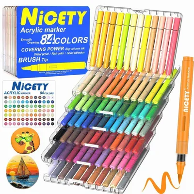 Immagine prodotto di Set di pennarelli acrilici con 84 colori, resistenti all'acqua, punta flessibile da 1 a 5 mm, ideali per decorare pietre, legno, vetro, tela e Vetroceramica. Include 10 punte di ricambio