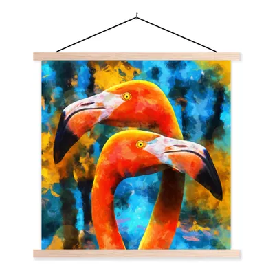 Produktbild von MuchoWow® Textilposter Ölgemälde - Vogel - Flamingo 40x40 cm mit holzfarbenen Rahmen - Posterleiste