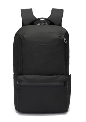 A black backpack is shown against a white background.