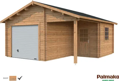 Produktbild von Palmako Garage Roger 21,9+5,2 m² - 44 mm - mit Sektionaltor Hellbraun tauchimprägniert