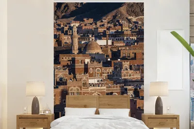 Produktbild von MuchoWow® Fototapete für Wohnzimmer oder Schlafzimmer Wandtapete Vinyl Motivtapete Stadtbild der Altstadt von Sanaa mit der Sonne des Jemen - 155x240 cm - Tapete