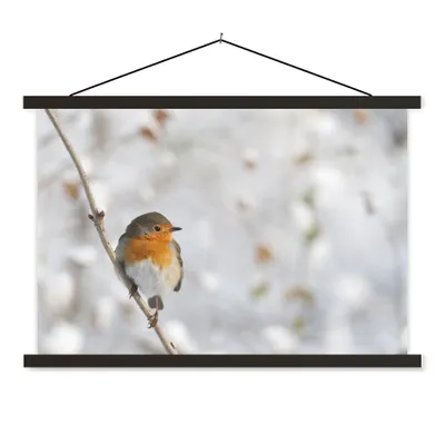Produktbild von MuchoWow® Textilposter Vogel - Rotkehlchen - Winter 60x40 cm mit schwarzem Rahmen - Hölzernes