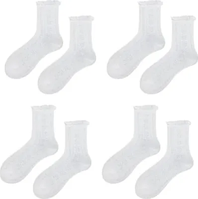 Produktbild von 4 Paar Trachtensocken Damen, Weiße Rüschen Socken Baumwoll Mit Hohl Muster für Spitzen Socken mit Rüschen Damen Gestrickt Crew Söckchen Dirndl Socken Damen Söckchen mit Rüschen