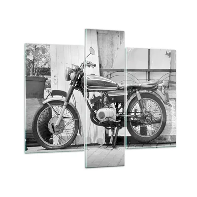 Produktbild von Bilder auf glas - 3 Teile - Alt Motorrad Schwarz und Weiß - 95x80cm - Glasbilder - Wandbilder - Bilder - Wanddekoration aus Glas - Glas Bilder - Wandbild auf Glas - GCB95x80-4487