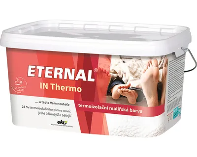 A white plastic tub of ETERNAL IN Thermo paint, with a red and pink label featuring text and an image of feet.