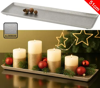 Produktbild von Dekotablett Silber Aluminium gehämmert 51x12 cm – Rechteckiges Kerzentablett & Adventstablett, Dekoteller, Tablett für Kerzen und Weihnachtsdeko